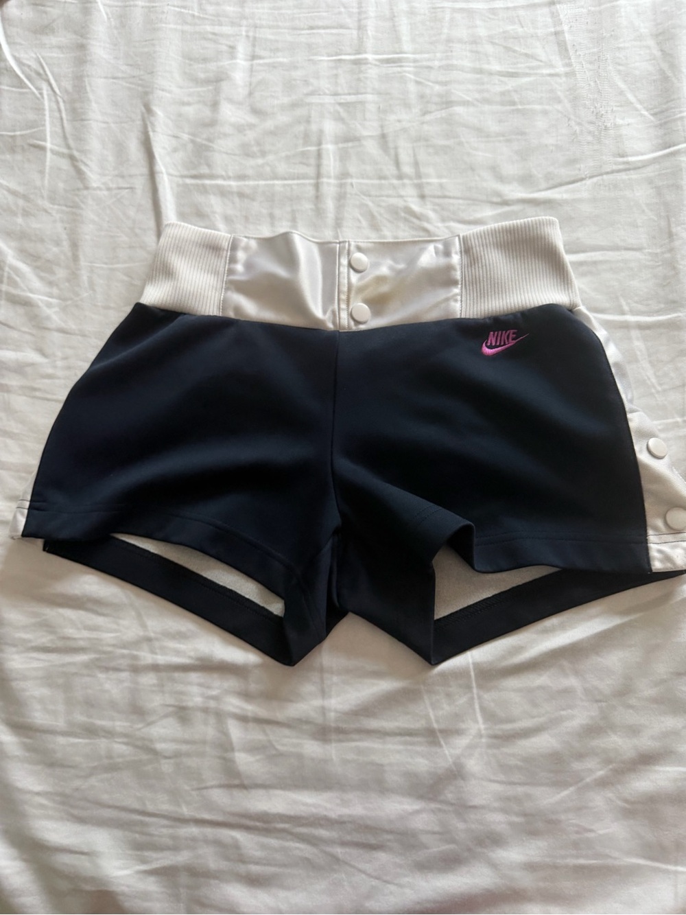 Nike Women’s Black Athletic Shorts with White Waistband and Pink Logo